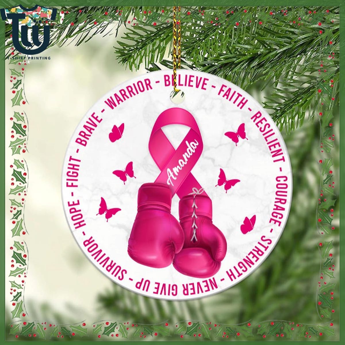Personalized Breast Cancer Awareness Pink Boxing Gloves Ribbon Ornament Personalized Breast Cancer Awareness Pink Boxing Gloves Ribbon Ornament