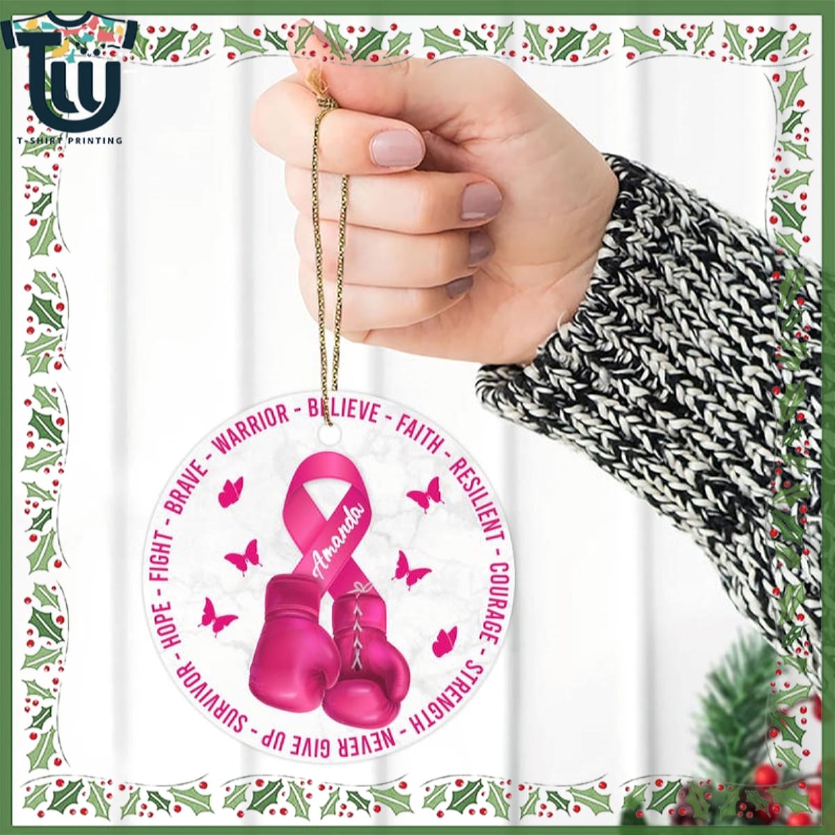 Personalized Breast Cancer Awareness Pink Boxing Gloves Ribbon Ornament Personalized Breast Cancer Awareness Pink Boxing Gloves Ribbon Ornament