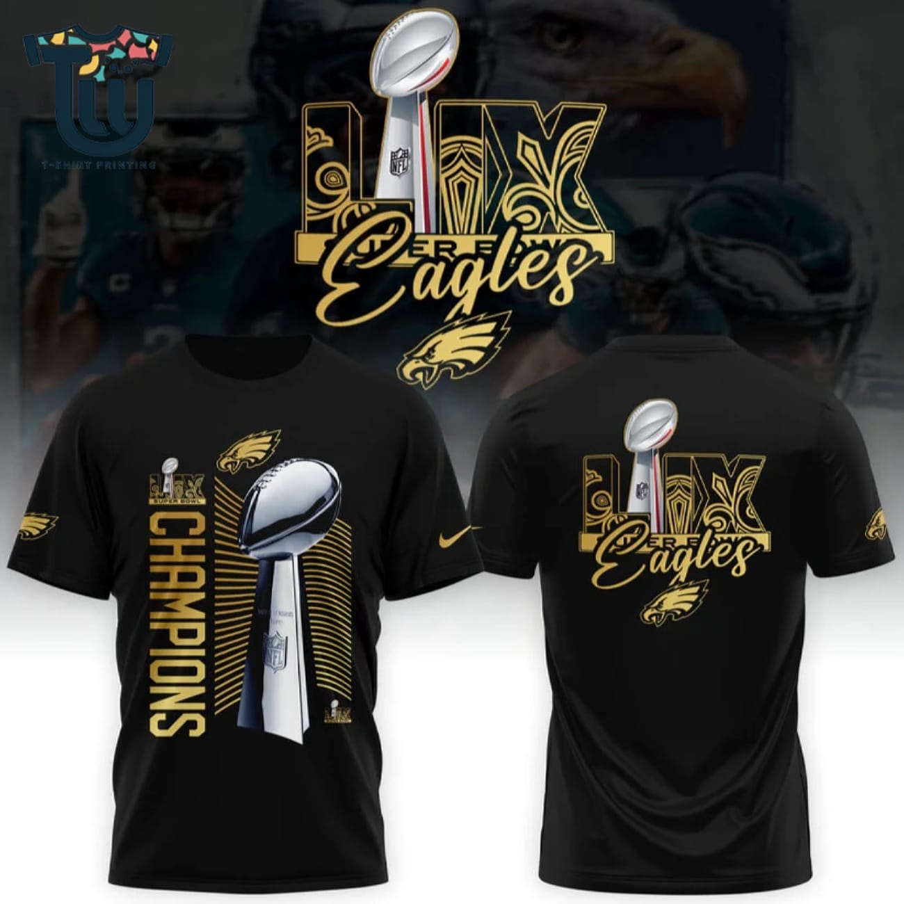 Philadelphia Eagles Super Bowl Lix Champions Lombardi Gold Trophy Tshirt Philadelphia Eagles Super Bowl Lix Champions Lombardi Gold Trophy Tshirt