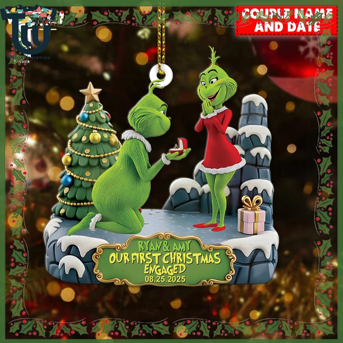 Personalized Green Monster Couple Our First Christmas Engaged Christmas Ornament Personalized Green Monster Couple Our First Christmas Engaged Christmas Ornament