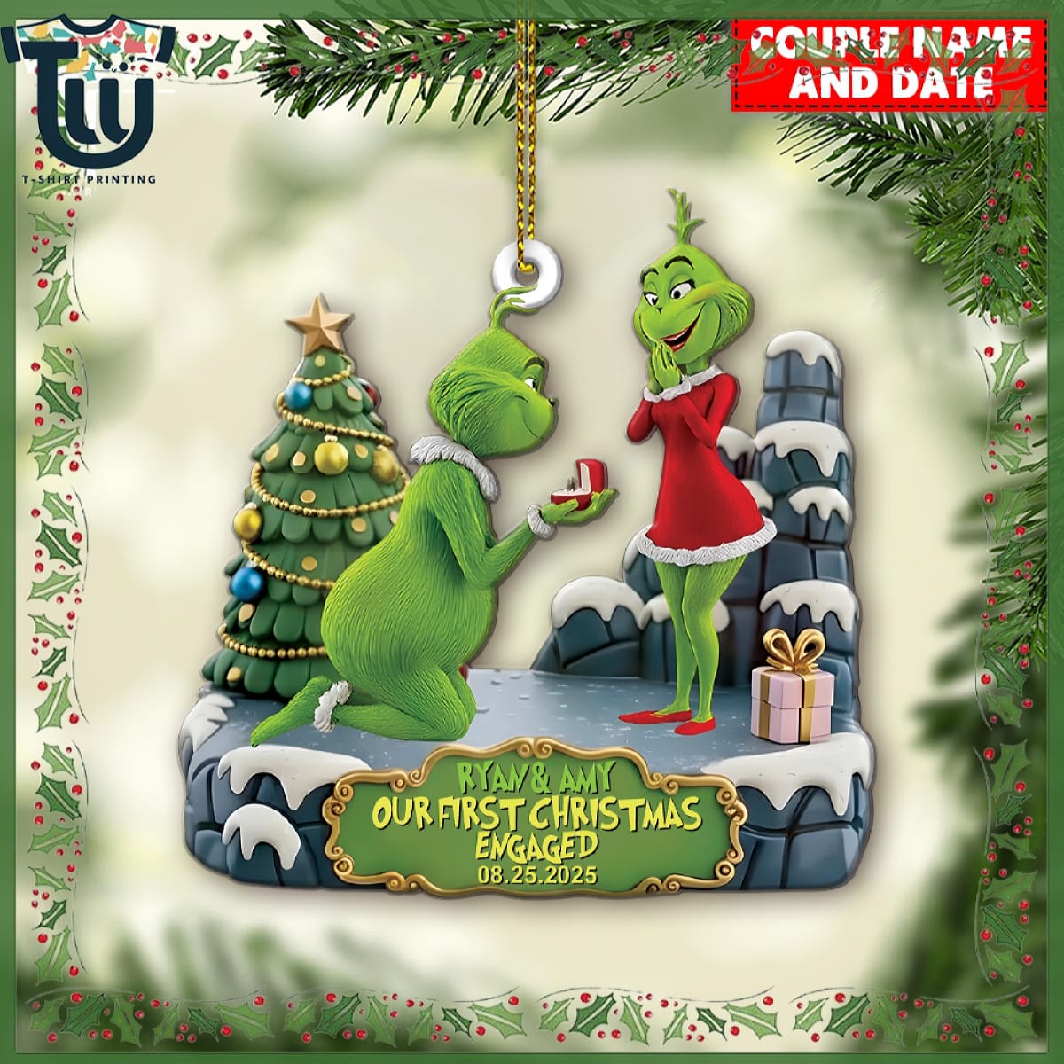 Personalized Green Monster Couple Our First Christmas Engaged Christmas Ornament Personalized Green Monster Couple Our First Christmas Engaged Christmas Ornament