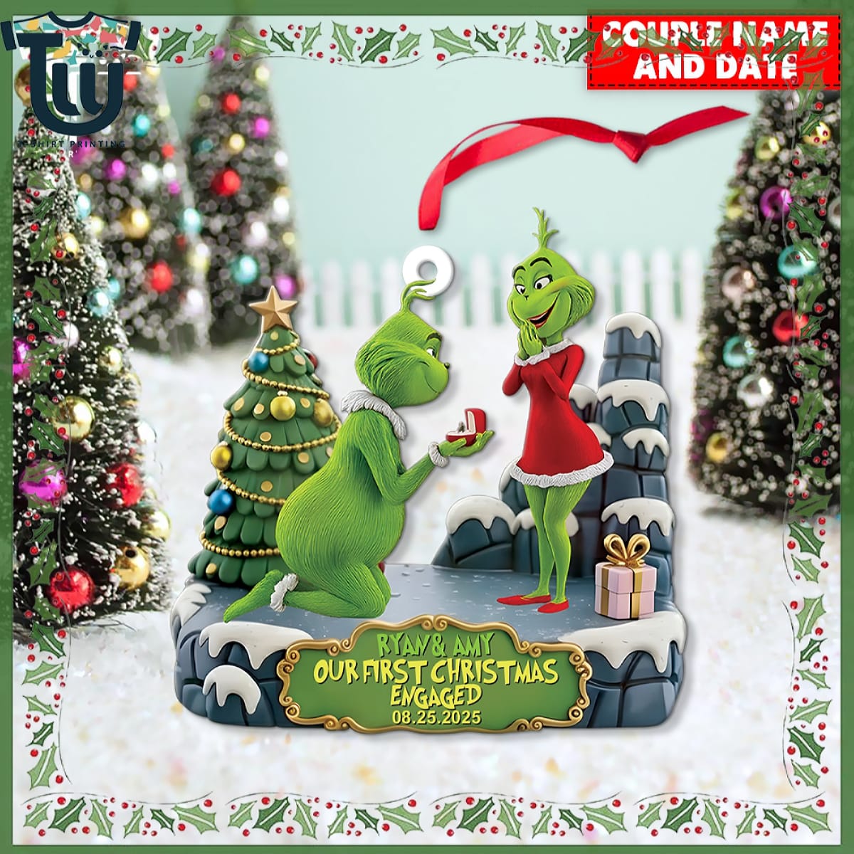 Personalized Green Monster Couple Our First Christmas Engaged Christmas Ornament Personalized Green Monster Couple Our First Christmas Engaged Christmas Ornament