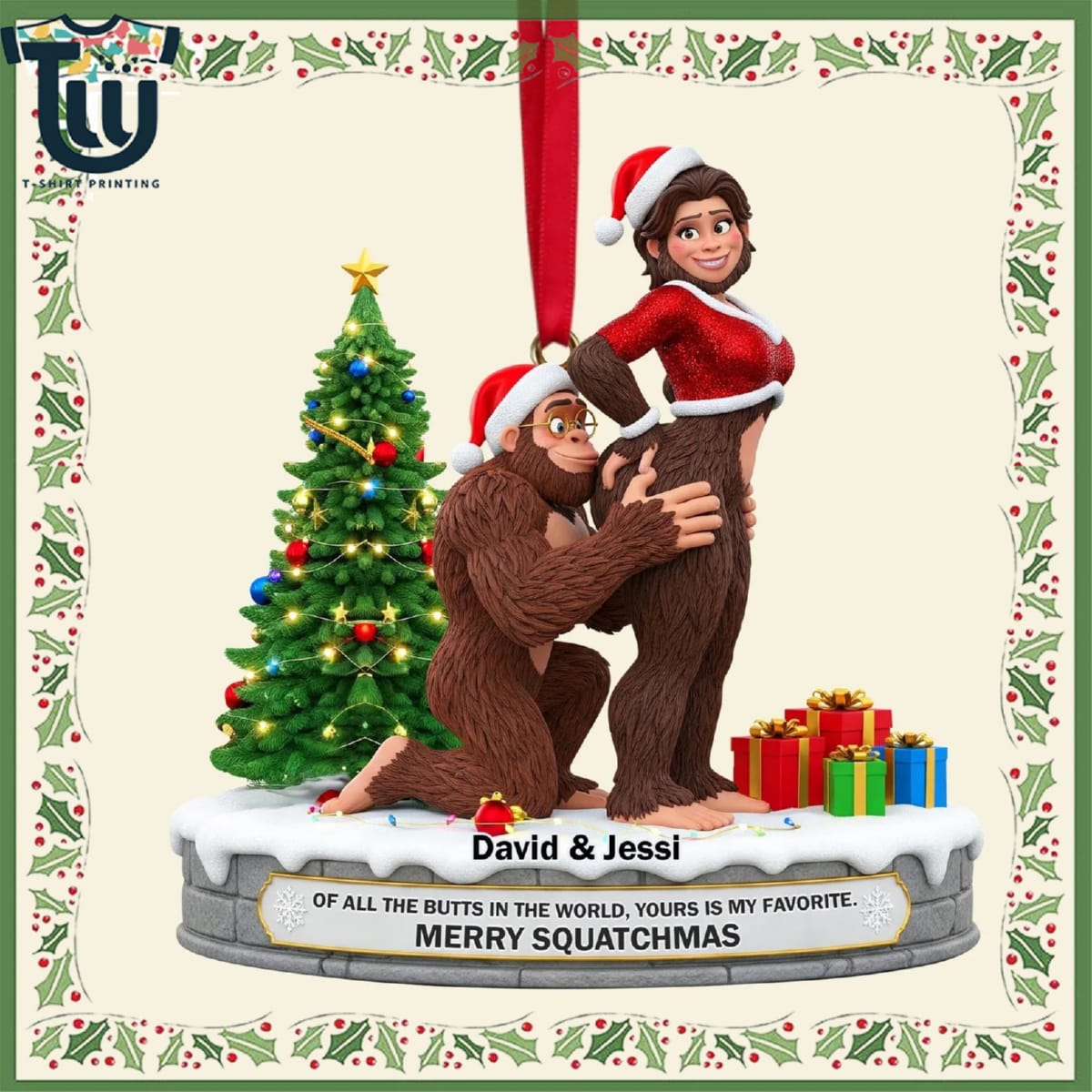 Personalized Naughty Bigfoot Couple Christmas Ornament Personalized Naughty Bigfoot Couple Christmas Ornament