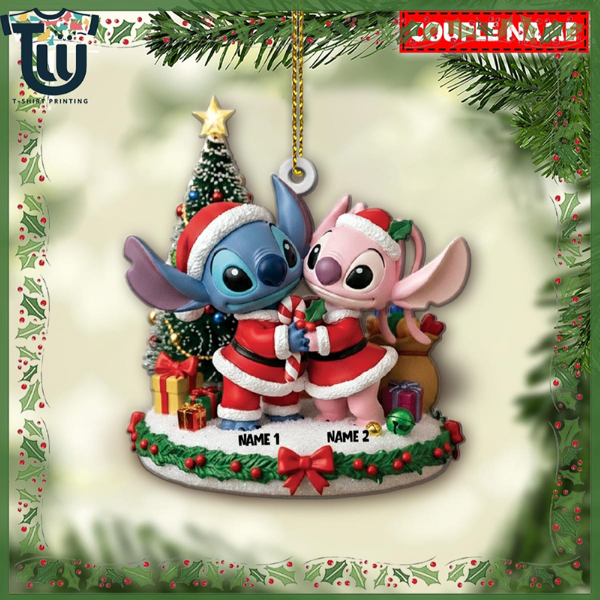 Personalized Stitch And Angel Couple Christmas Ornament Personalized Stitch And Angel Couple Christmas Ornament