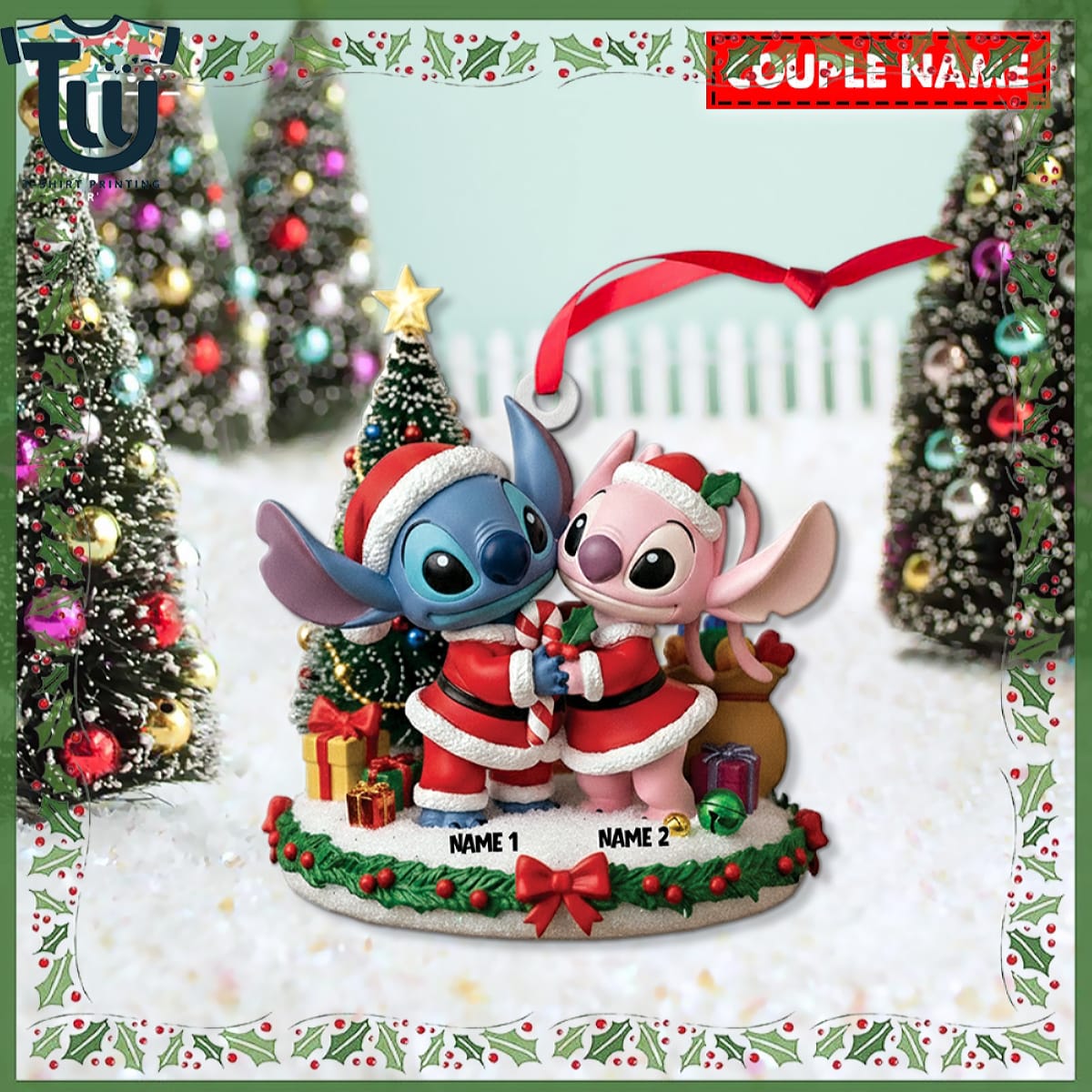 Personalized Stitch And Angel Couple Christmas Ornament Personalized Stitch And Angel Couple Christmas Ornament
