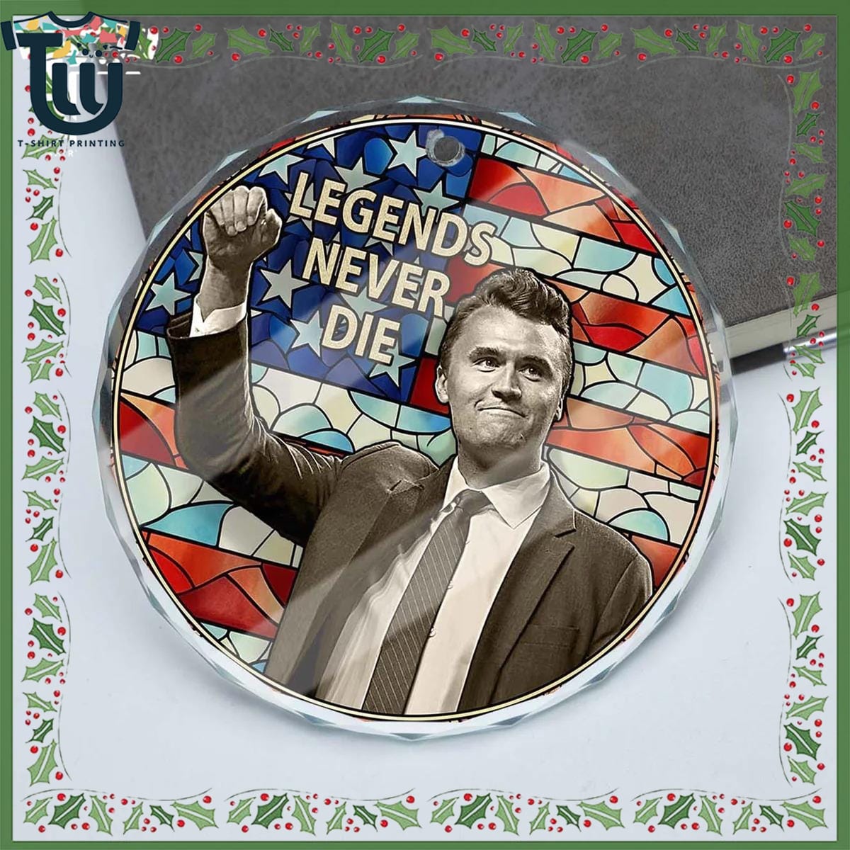 Charlie Kirk Legends Never Die Glass Ornament