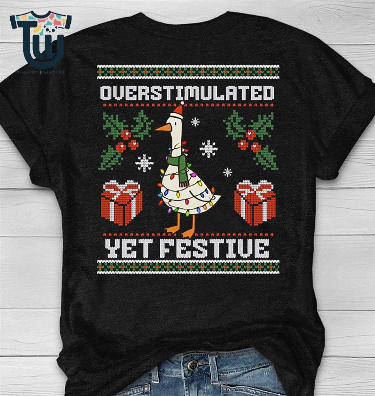 Overstimulated Yet Festive Goose Ugly Christmas Sweatshirt Overstimulated Yet Festive Goose Ugly Christmas Sweatshirt