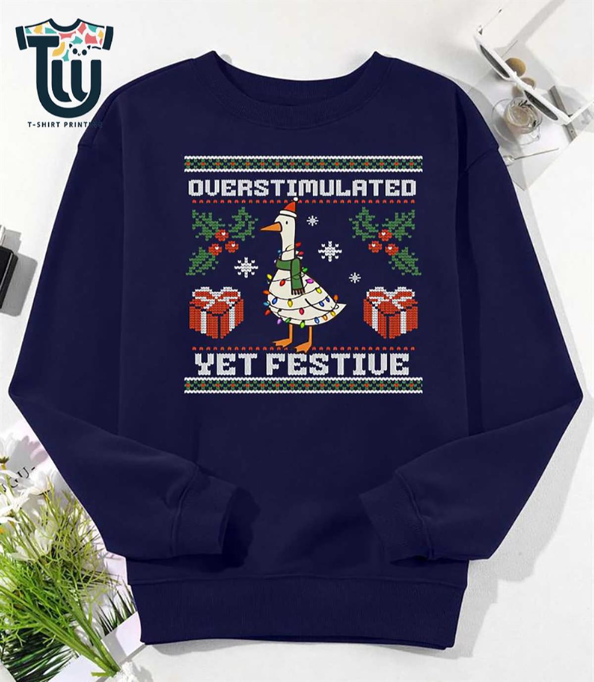 Overstimulated Yet Festive Goose Ugly Christmas Sweatshirt Overstimulated Yet Festive Goose Ugly Christmas Sweatshirt