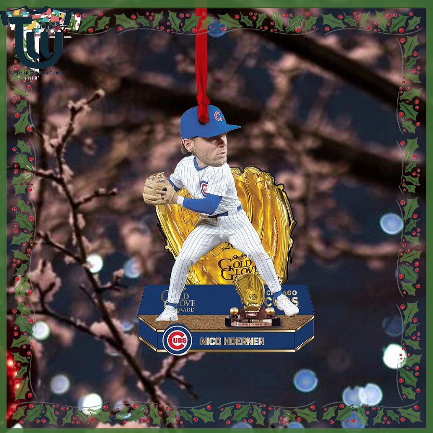 Nico Hoerner Chicago Cubs 2025 Gold Glove Bobblehead Christmas Ornament Nico Hoerner Chicago Cubs 2025 Gold Glove Bobblehead Christmas Ornament