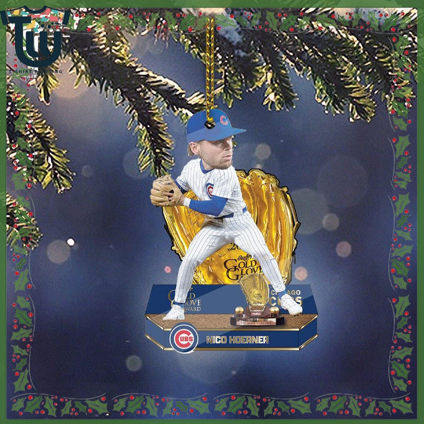 Nico Hoerner Chicago Cubs 2025 Gold Glove Bobblehead Christmas Ornament Nico Hoerner Chicago Cubs 2025 Gold Glove Bobblehead Christmas Ornament