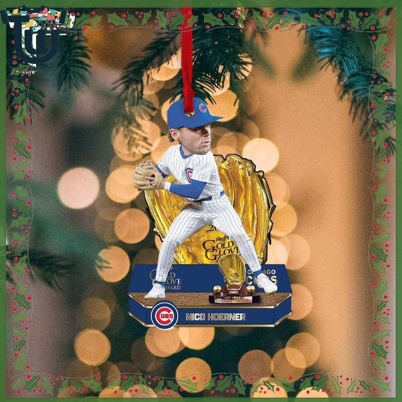 Nico Hoerner Chicago Cubs 2025 Gold Glove Bobblehead Christmas Ornament Nico Hoerner Chicago Cubs 2025 Gold Glove Bobblehead Christmas Ornament